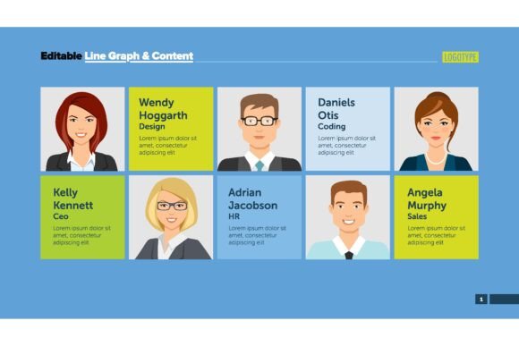 Five Members of Team Slide Template. Bus: A Creative Approach to Business Data Visualization